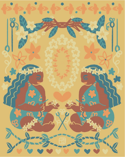 Decorative design with two seated figures, floral elements, and heart symbols on a yellow background.