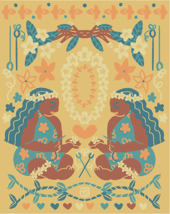 Decorative design with two seated figures, floral elements, and heart symbols on a yellow background.