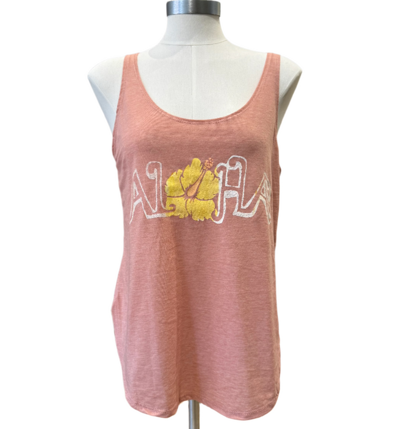 Aloha Hibiscus Side Slit Tank In Peach