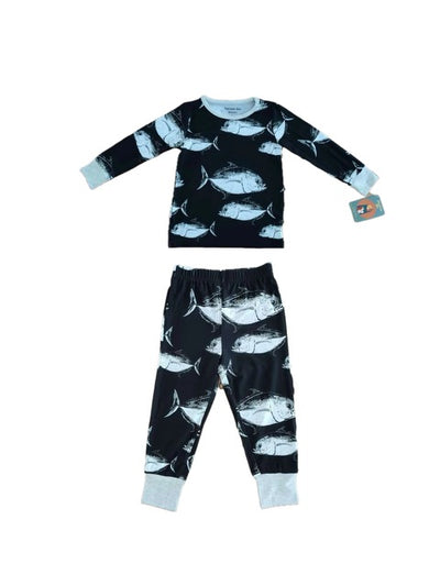 Children's pajama set with a white fish pattern on a black background