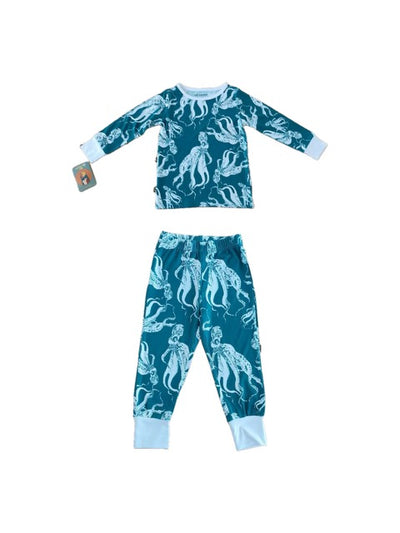 Children's pajama set with octopus pattern on a Teal background