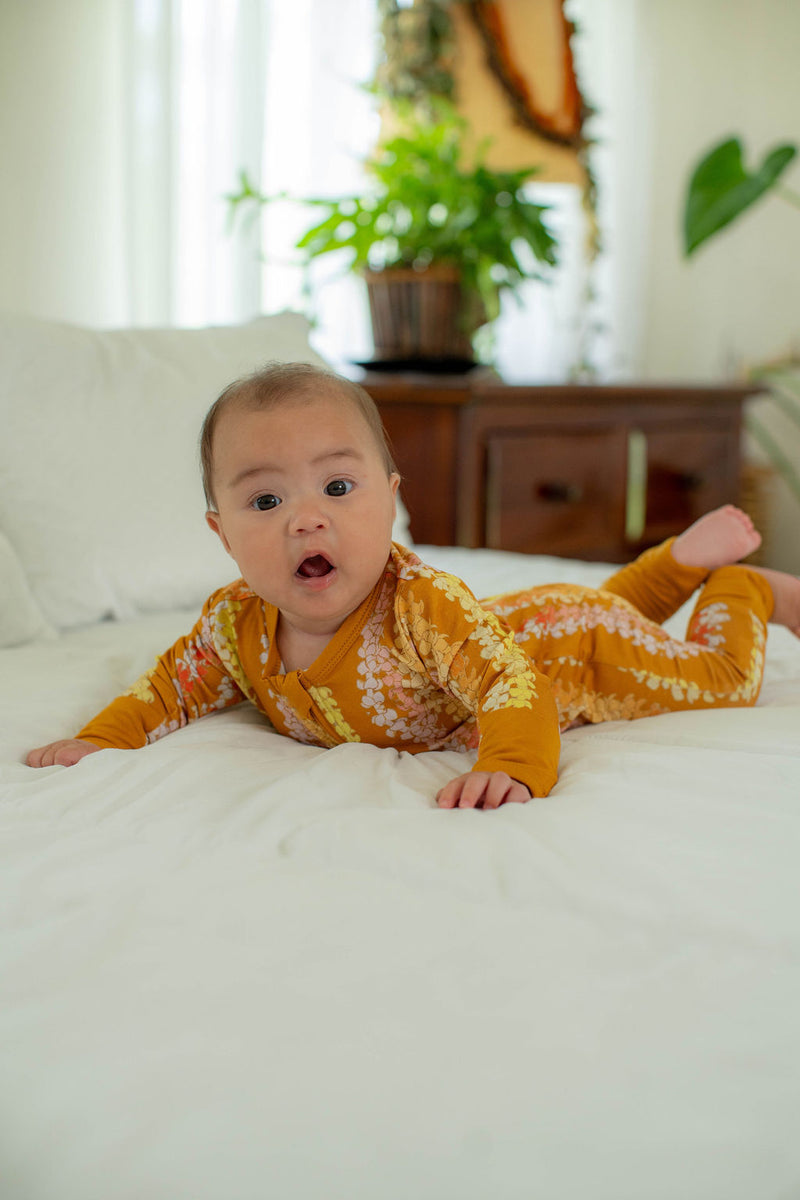 Long Sleeve Keiki Romper in Pumpkin Puakenikeni