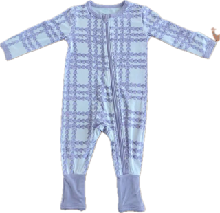 Purple plaid baby onesie on a white background