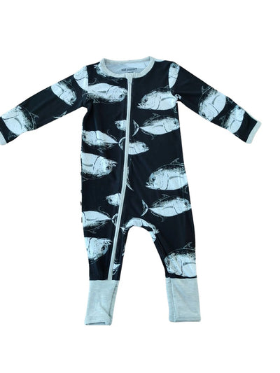 Black and white onesie with a  white fish pattern on a black background