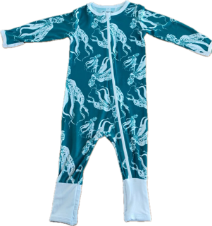 Teal and White kids romper with an octopus design