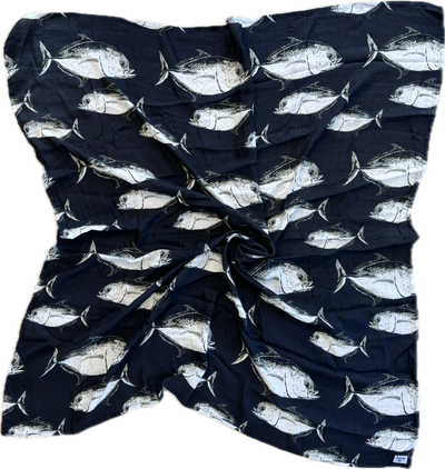 Navy blue wrap with white fish pattern on a navy blue background