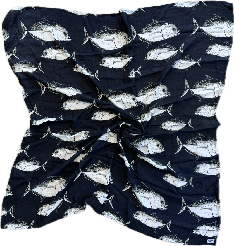 Navy blue wrap with white fish pattern on a navy blue background