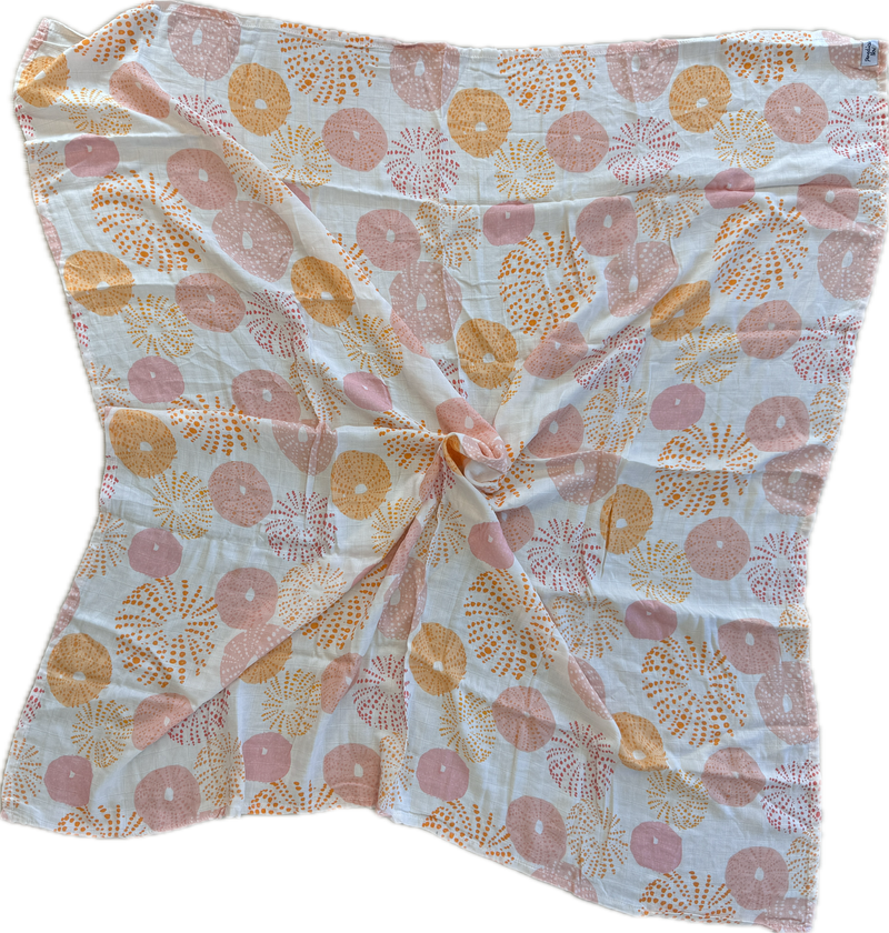 Floral patterned fabric with pink and orange flowers on a white background